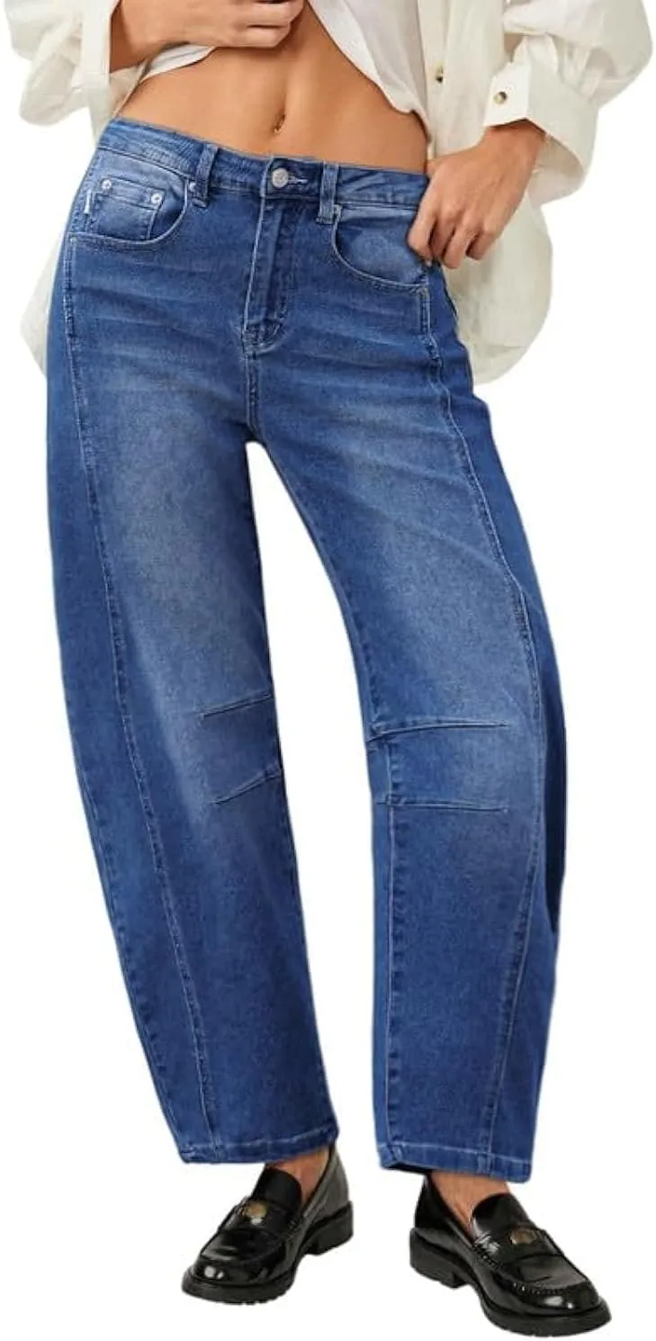 Genleck Barrel Jeans Women Wide Leg Cropped Jeans High Waisted Baggy Boyfriend Mom Denim Ankle Pants with Pockets