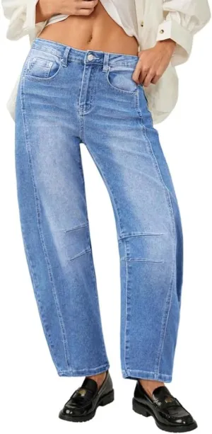 Genleck Barrel Jeans Women Wide Leg Cropped Jeans High Waisted Baggy Boyfriend Mom Denim Ankle Pants with Pockets