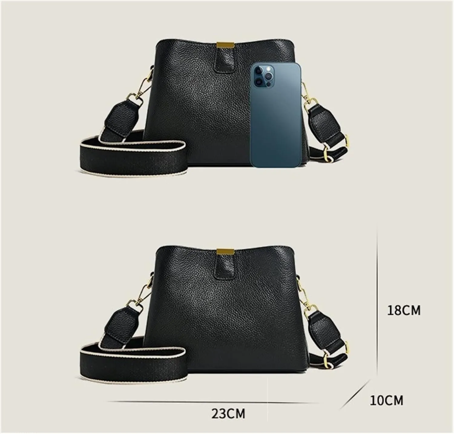 Genuine Leather Women Bucket Shoulder Bag Female Handbag Wide Strap Ladies Crossbody Bags Cowhide Totes Bag For Women(Blue)