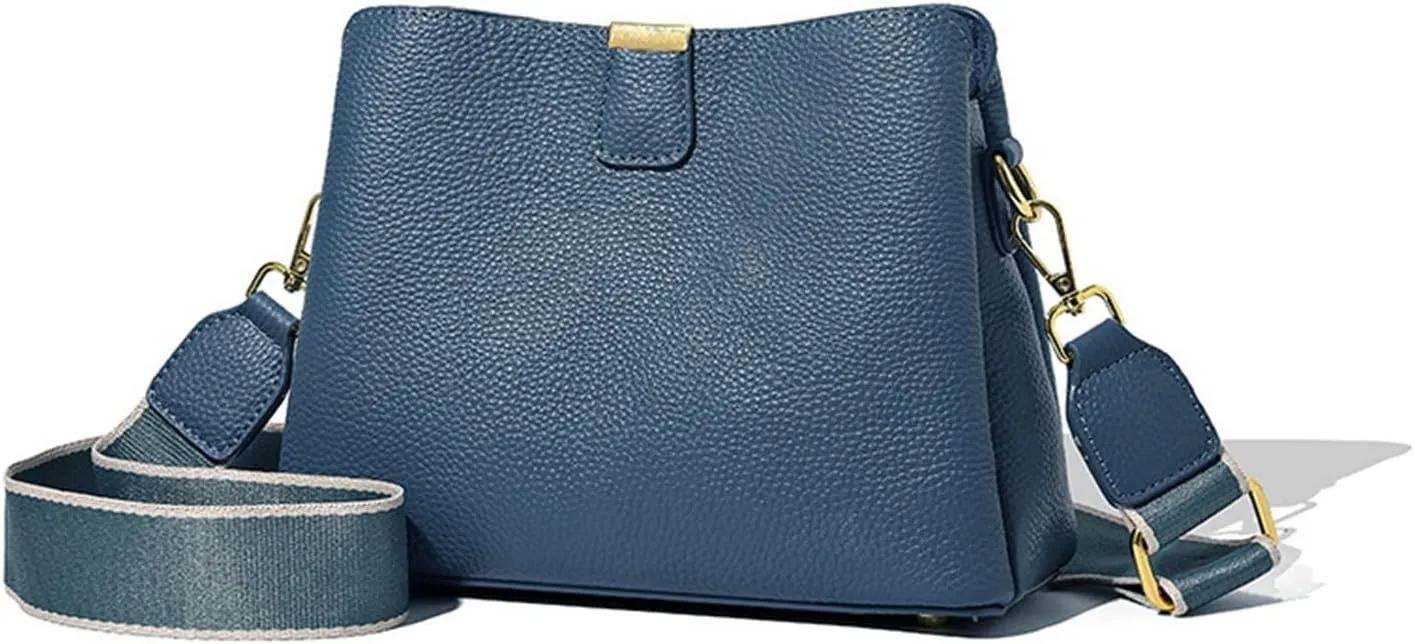 Genuine Leather Women Bucket Shoulder Bag Female Handbag Wide Strap Ladies Crossbody Bags Cowhide Totes Bag For Women(Blue)