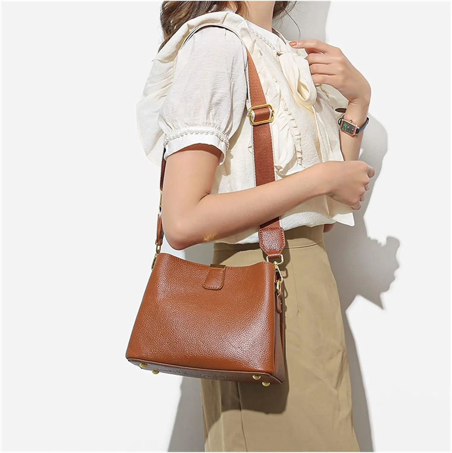 Genuine Leather Women Bucket Shoulder Bag Female Handbag Wide Strap Ladies Crossbody Bags Cowhide Totes Bag For Women(Blue)