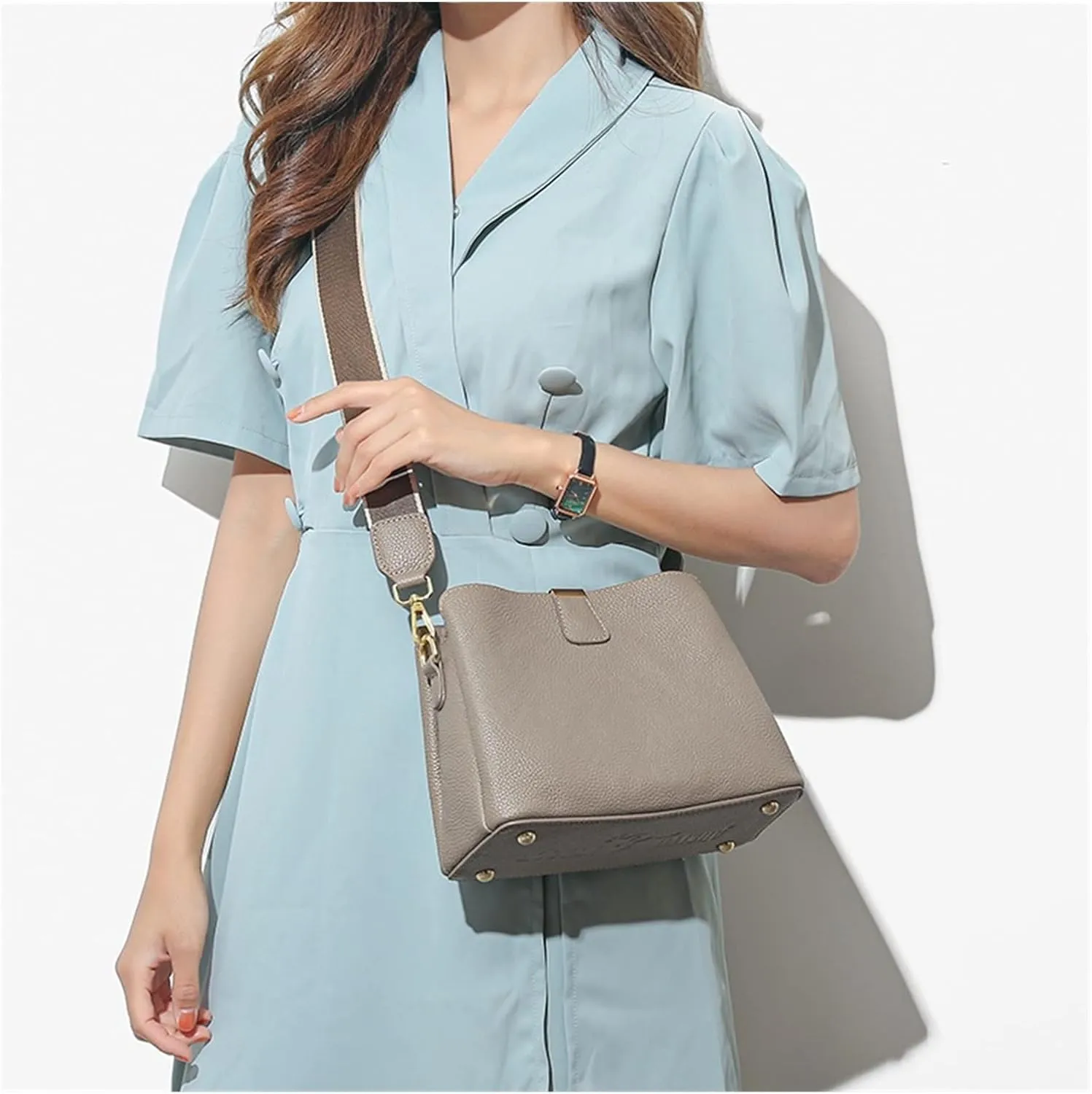 Genuine Leather Women Bucket Shoulder Bag Female Handbag Wide Strap Ladies Crossbody Bags Cowhide Totes Bag For Women(Blue)