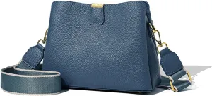 Genuine Leather Women Bucket Shoulder Bag Female Handbag Wide Strap Ladies Crossbody Bags Cowhide Totes Bag For Women(Blue)