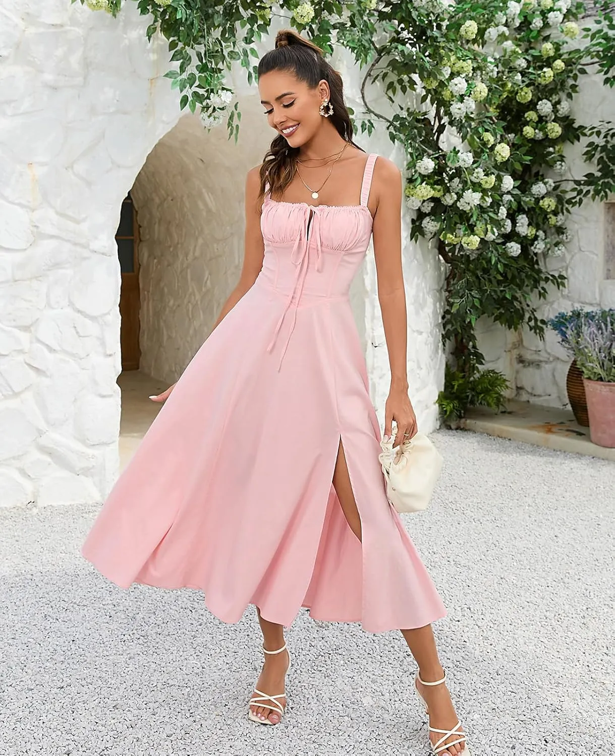 GLNEGE Women's Summer Milkmaid Midi Dresses Casual Corset Flowy Graduation Square Neck Dress Lace Up A-line Sundress 2025