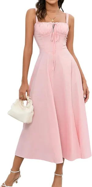 GLNEGE Women's Summer Milkmaid Midi Dresses Casual Corset Flowy Graduation Square Neck Dress Lace Up A-line Sundress 2025