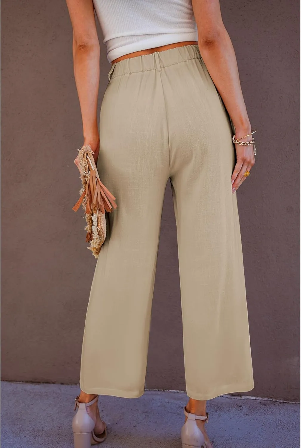 GRAPENT Wide Leg Capri Pants for Women High Waisted Linen Flowy Pleated Capris Cropped Trousers Pants Dressy Casual