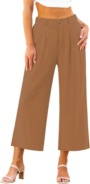 GRAPENT Wide Leg Capri Pants for Women High Waisted Linen Flowy Pleated Capris Cropped Trousers Pants Dressy Casual