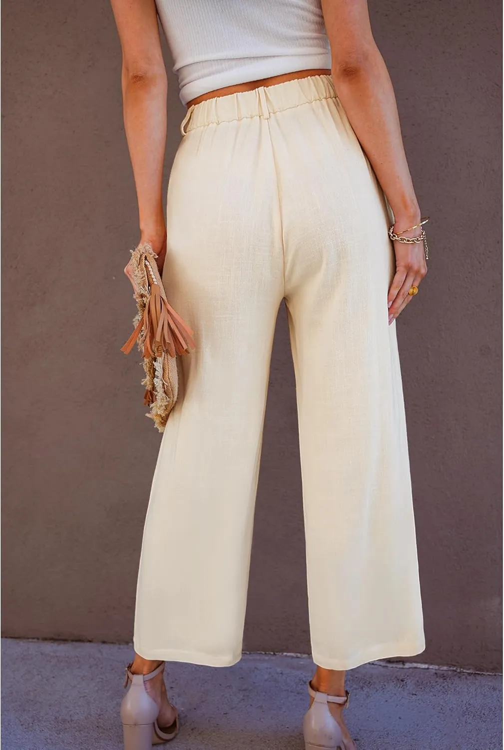 GRAPENT Wide Leg Capri Pants for Women High Waisted Linen Flowy Pleated Capris Cropped Trousers Pants Dressy Casual