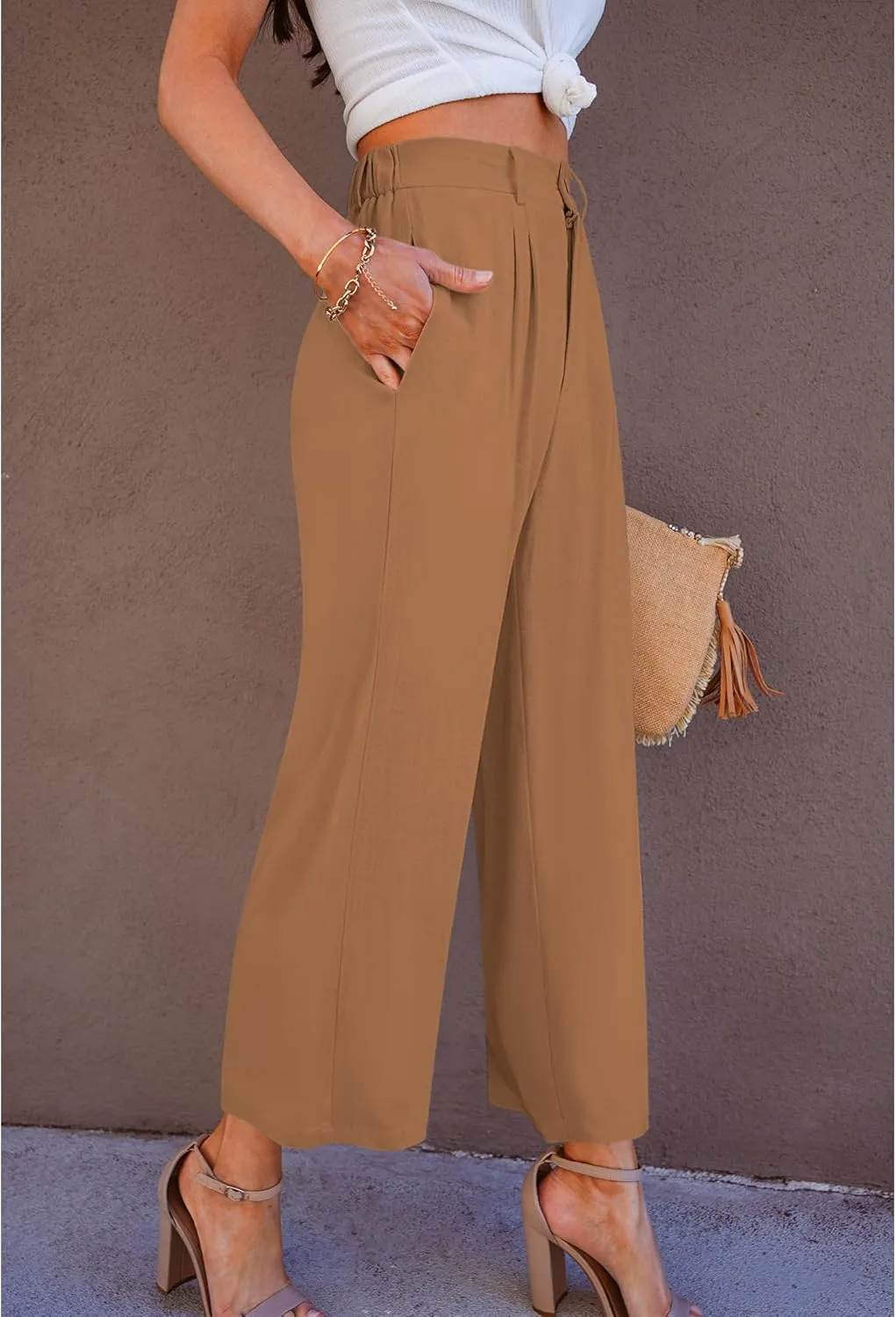 GRAPENT Wide Leg Capri Pants for Women High Waisted Linen Flowy Pleated Capris Cropped Trousers Pants Dressy Casual