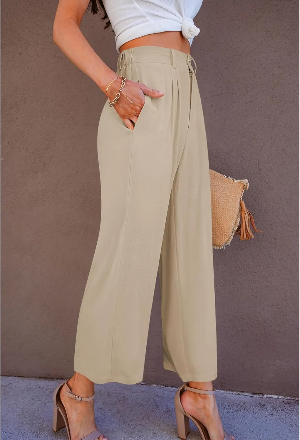 GRAPENT Wide Leg Capri Pants for Women High Waisted Linen Flowy Pleated Capris Cropped Trousers Pants Dressy Casual