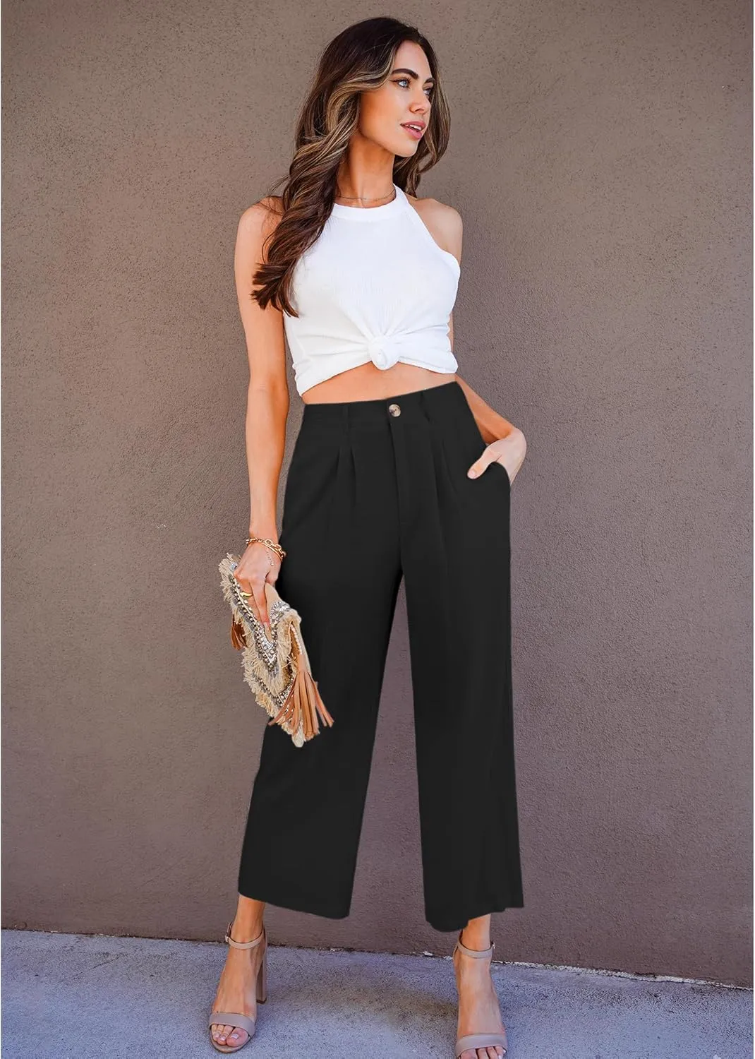 GRAPENT Wide Leg Capri Pants for Women High Waisted Linen Flowy Pleated Capris Cropped Trousers Pants Dressy Casual