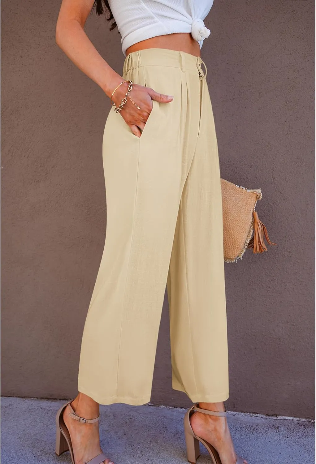 GRAPENT Wide Leg Capri Pants for Women High Waisted Linen Flowy Pleated Capris Cropped Trousers Pants Dressy Casual