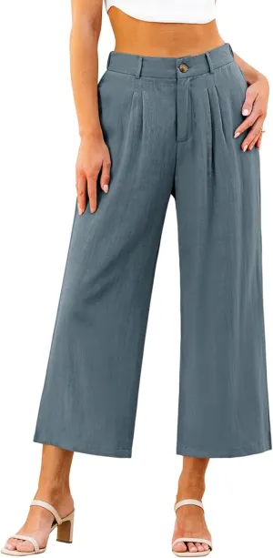GRAPENT Wide Leg Capri Pants for Women High Waisted Linen Flowy Pleated Capris Cropped Trousers Pants Dressy Casual