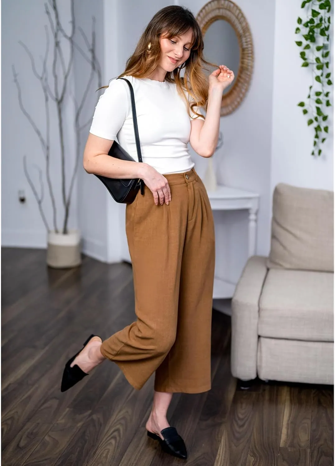 GRAPENT Wide Leg Capri Pants for Women High Waisted Linen Flowy Pleated Capris Cropped Trousers Pants Dressy Casual