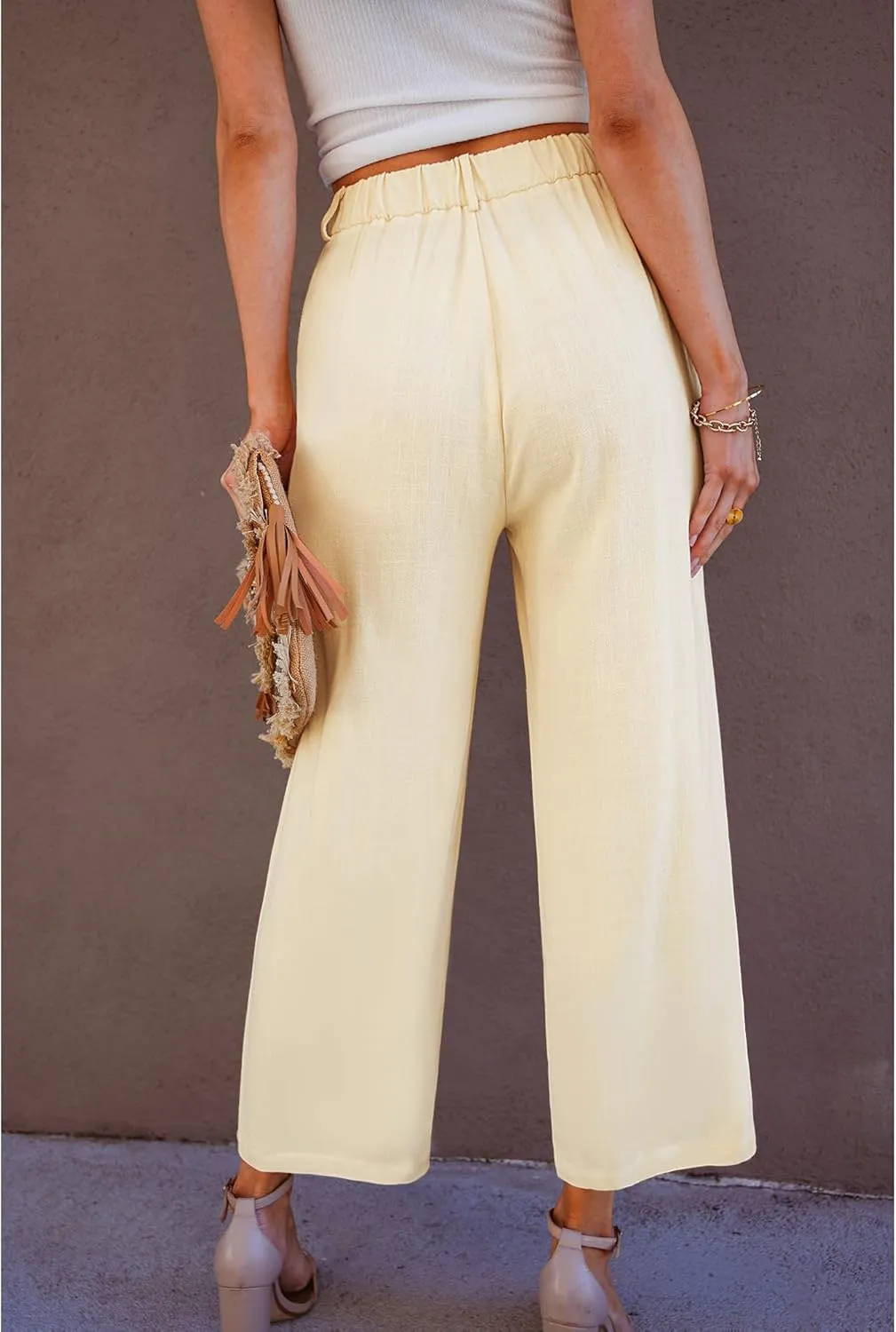 GRAPENT Wide Leg Capri Pants for Women High Waisted Linen Flowy Pleated Capris Cropped Trousers Pants Dressy Casual