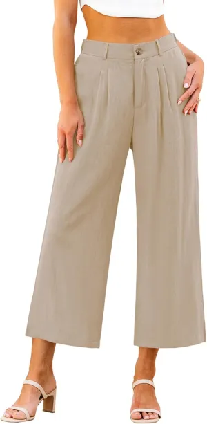 GRAPENT Wide Leg Capri Pants for Women High Waisted Linen Flowy Pleated Capris Cropped Trousers Pants Dressy Casual