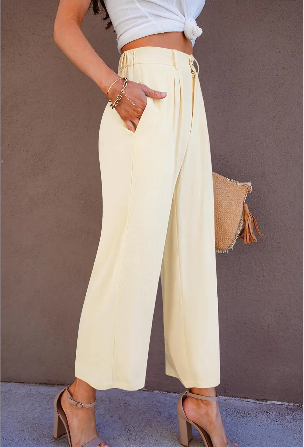 GRAPENT Wide Leg Capri Pants for Women High Waisted Linen Flowy Pleated Capris Cropped Trousers Pants Dressy Casual