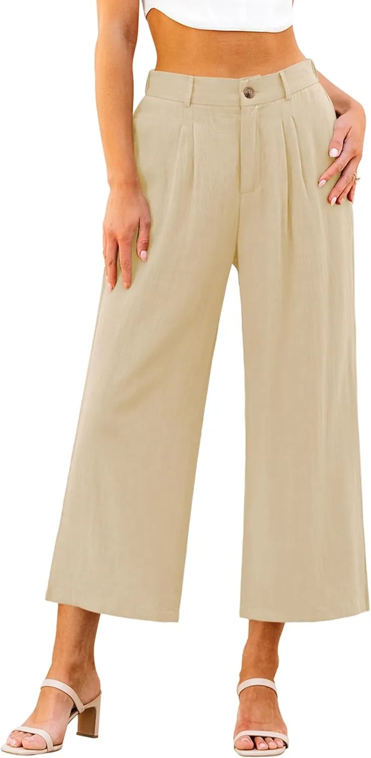GRAPENT Wide Leg Capri Pants for Women High Waisted Linen Flowy Pleated Capris Cropped Trousers Pants Dressy Casual