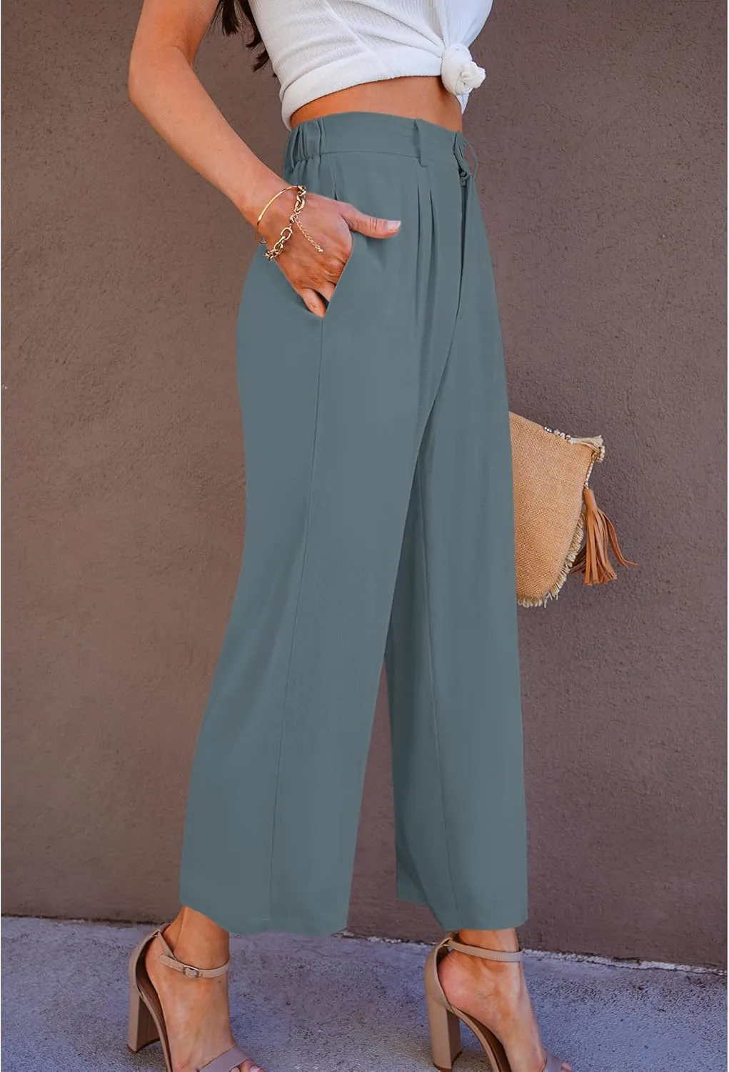 GRAPENT Wide Leg Capri Pants for Women High Waisted Linen Flowy Pleated Capris Cropped Trousers Pants Dressy Casual