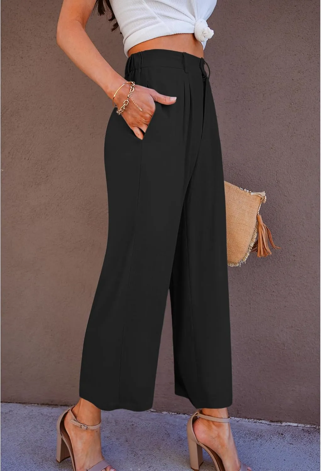 GRAPENT Wide Leg Capri Pants for Women High Waisted Linen Flowy Pleated Capris Cropped Trousers Pants Dressy Casual