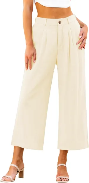 GRAPENT Wide Leg Capri Pants for Women High Waisted Linen Flowy Pleated Capris Cropped Trousers Pants Dressy Casual