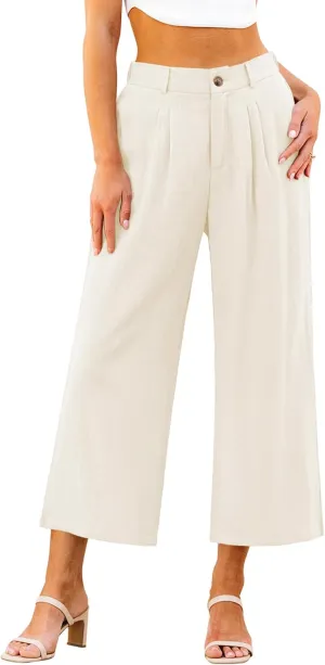 GRAPENT Wide Leg Capri Pants for Women High Waisted Linen Flowy Pleated Capris Cropped Trousers Pants Dressy Casual