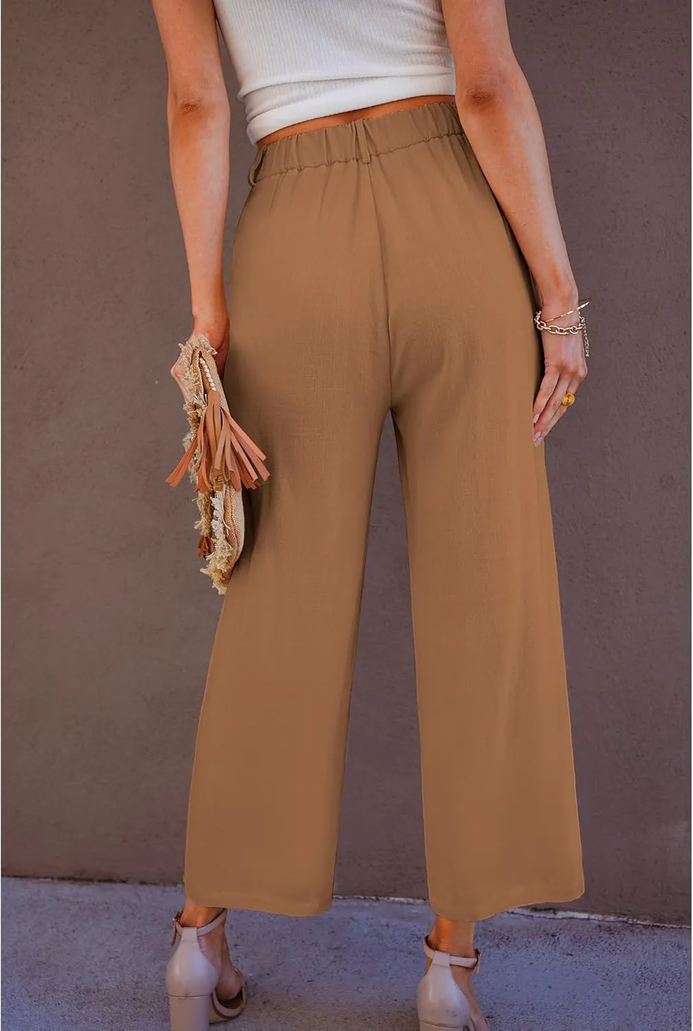 GRAPENT Wide Leg Capri Pants for Women High Waisted Linen Flowy Pleated Capris Cropped Trousers Pants Dressy Casual