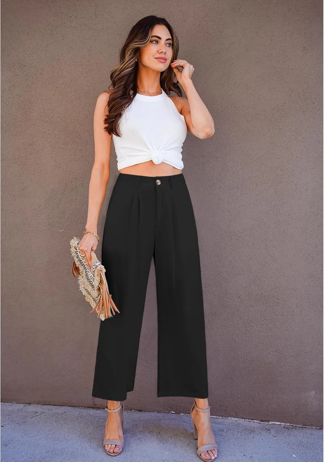 GRAPENT Wide Leg Capri Pants for Women High Waisted Linen Flowy Pleated Capris Cropped Trousers Pants Dressy Casual