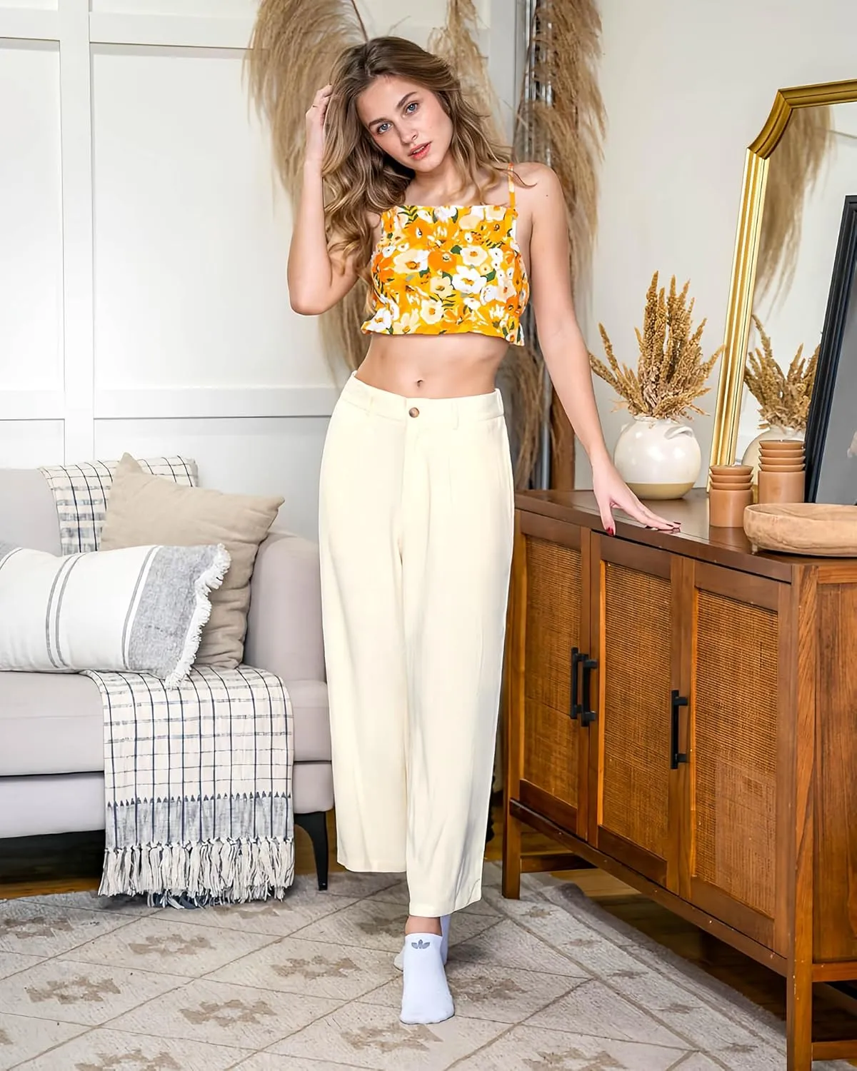 GRAPENT Wide Leg Capri Pants for Women High Waisted Linen Flowy Pleated Capris Cropped Trousers Pants Dressy Casual
