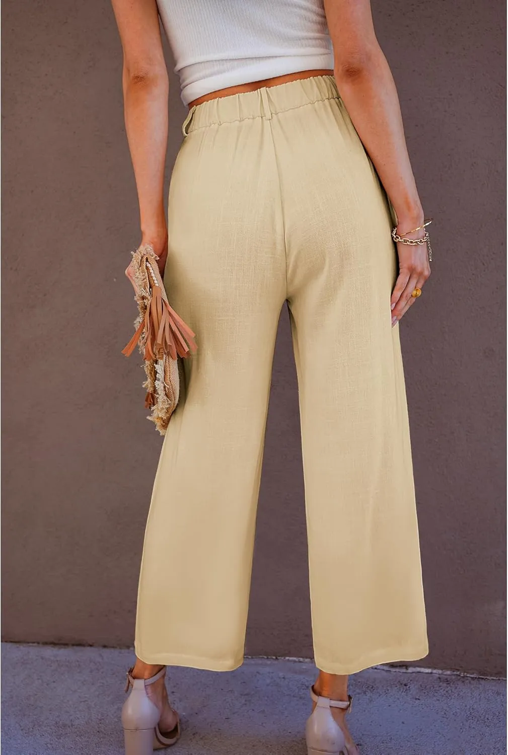 GRAPENT Wide Leg Capri Pants for Women High Waisted Linen Flowy Pleated Capris Cropped Trousers Pants Dressy Casual