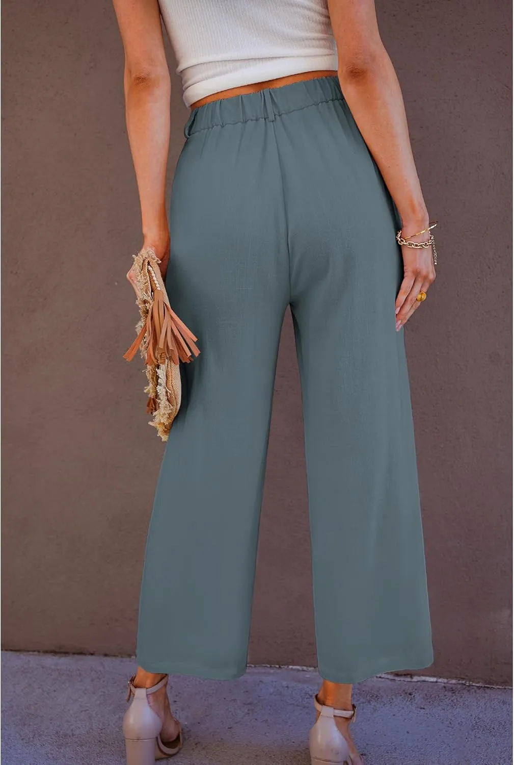 GRAPENT Wide Leg Capri Pants for Women High Waisted Linen Flowy Pleated Capris Cropped Trousers Pants Dressy Casual