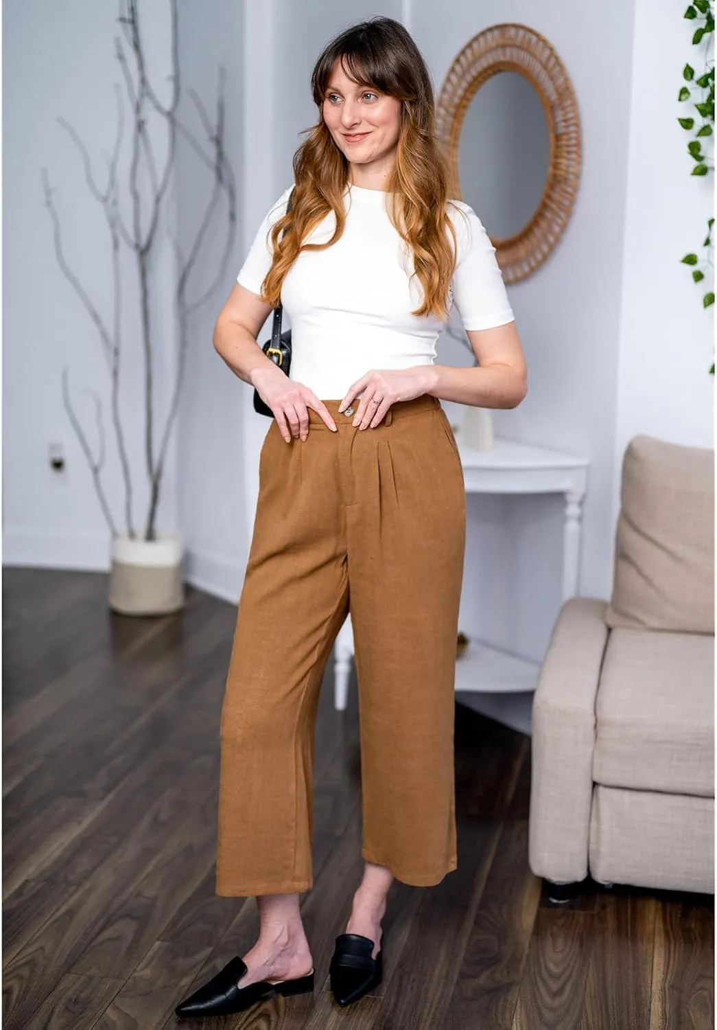 GRAPENT Wide Leg Capri Pants for Women High Waisted Linen Flowy Pleated Capris Cropped Trousers Pants Dressy Casual