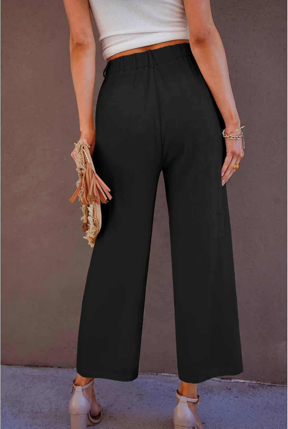 GRAPENT Wide Leg Capri Pants for Women High Waisted Linen Flowy Pleated Capris Cropped Trousers Pants Dressy Casual