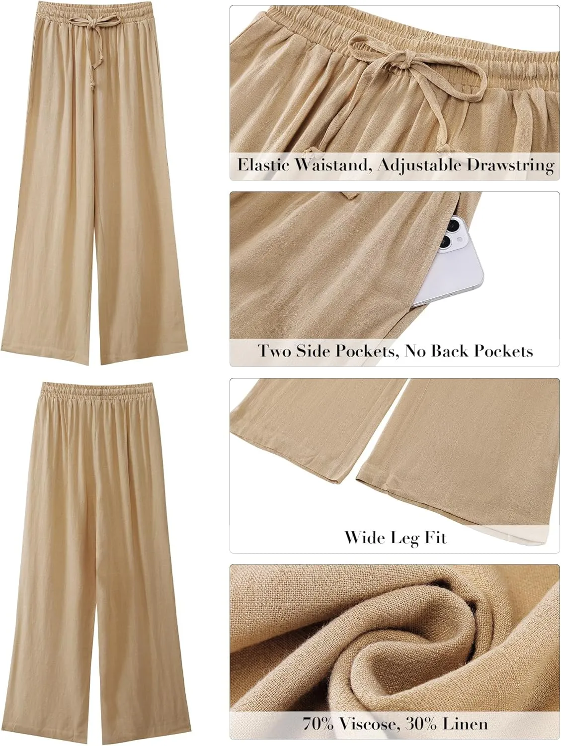GRAPENT Wide Leg Pants Woman Linen High Waisted Pull On Flowy Casual Baggy Drawstring Palazzo Trousers Pants Resort Wear