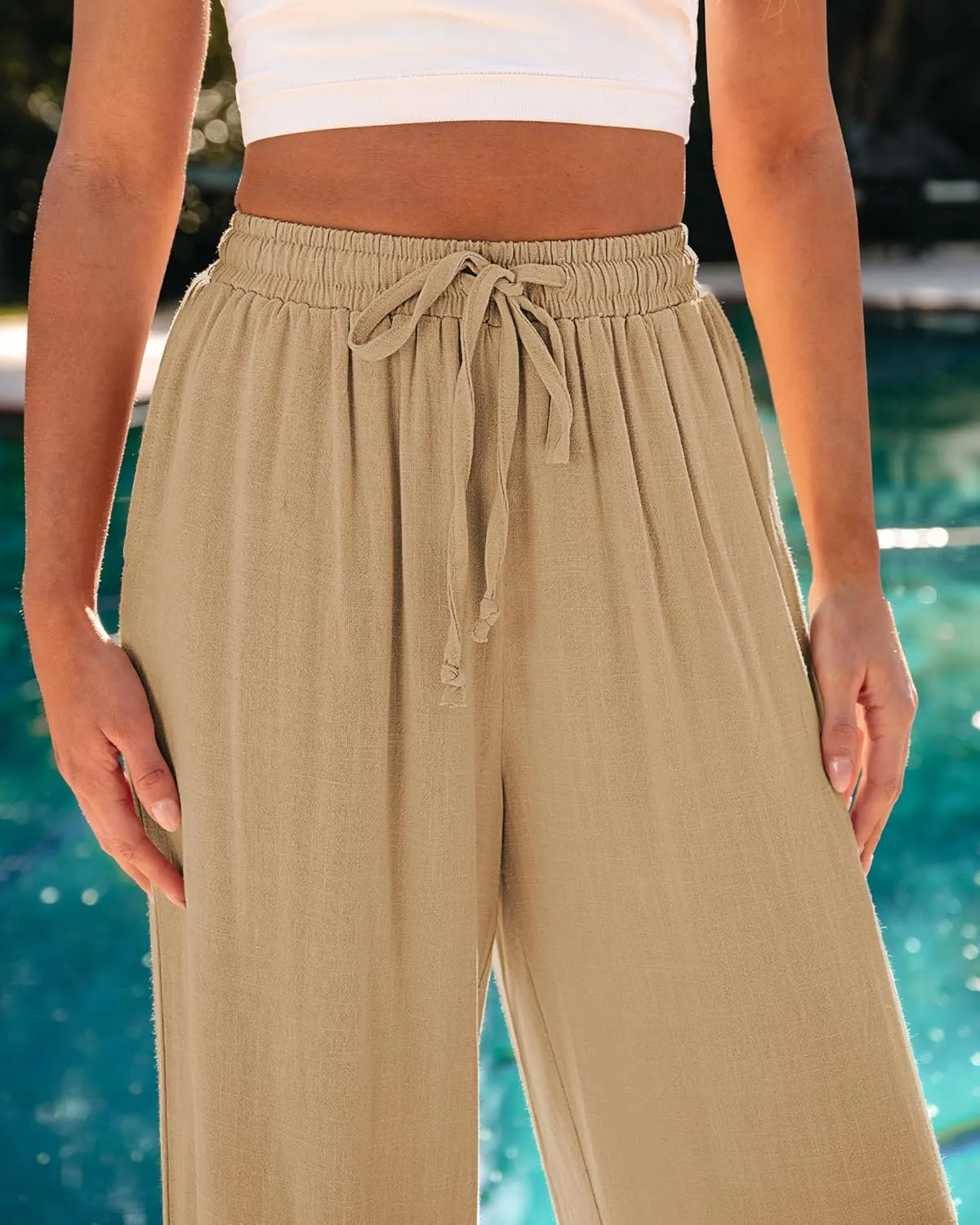 GRAPENT Wide Leg Pants Woman Linen High Waisted Pull On Flowy Casual Baggy Drawstring Palazzo Trousers Pants Resort Wear