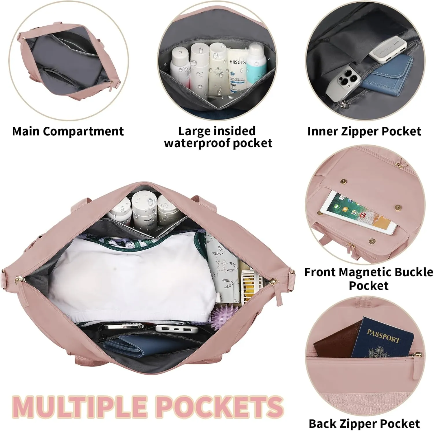 Gym Bag for Women, Sports Travel Duffel Bag with USB Charging Port, Weekender Overnight Bag with Wet Pocket and Shoes Compartment, Carry On Tote Bag Gym Yoga Duffel Bag for Men Women
