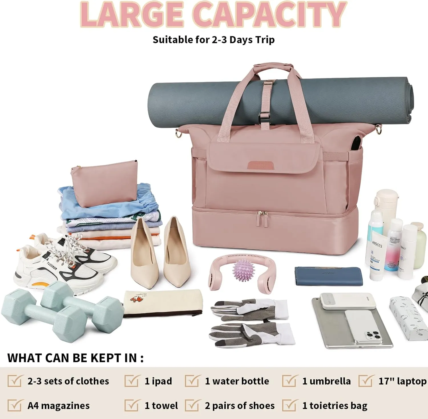 Gym Bag for Women, Sports Travel Duffel Bag with USB Charging Port, Weekender Overnight Bag with Wet Pocket and Shoes Compartment, Carry On Tote Bag Gym Yoga Duffel Bag for Men Women