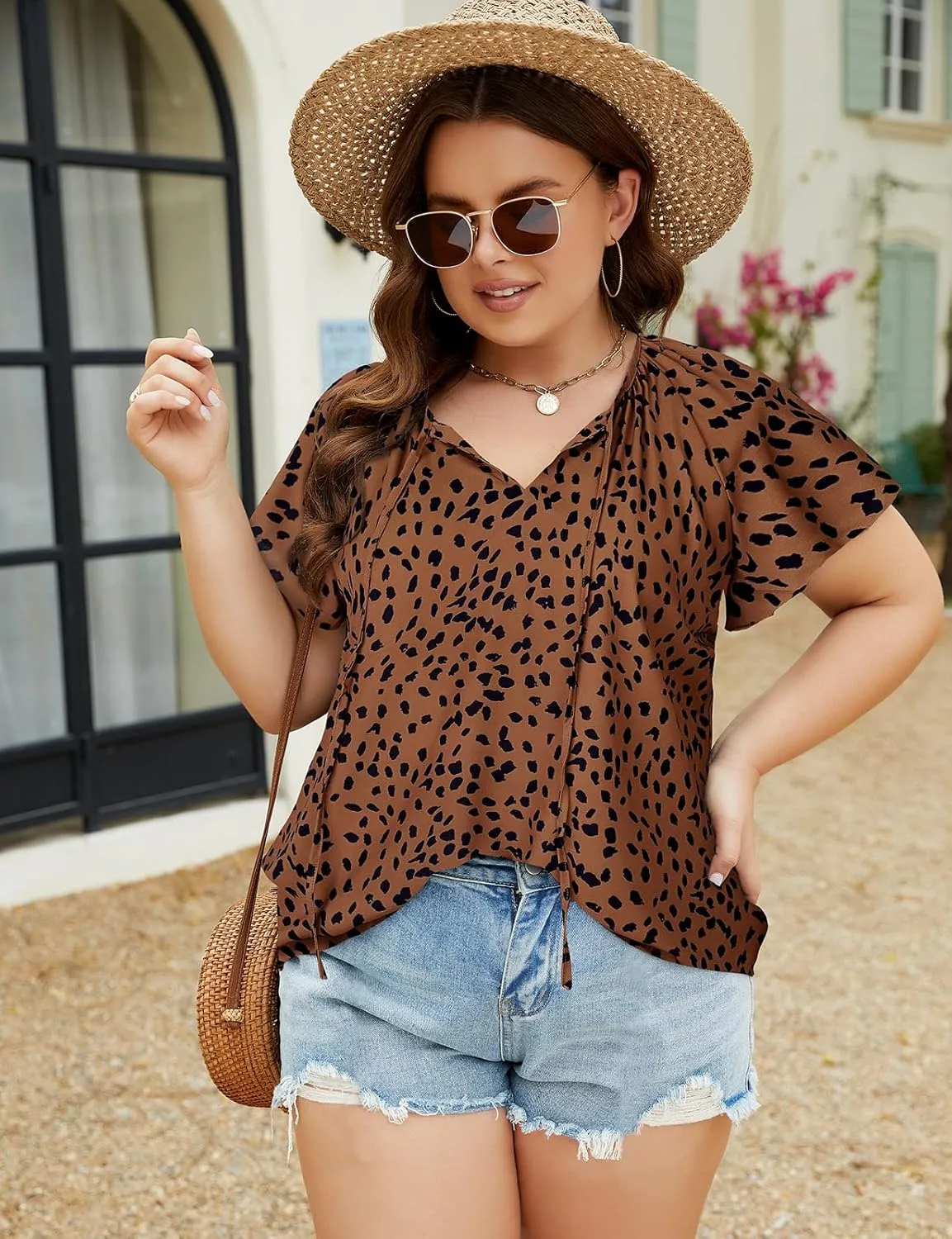 Halife Women's Plus Size Boho Tops Floral Printed V Neck Casual Summer Blouses Shirts