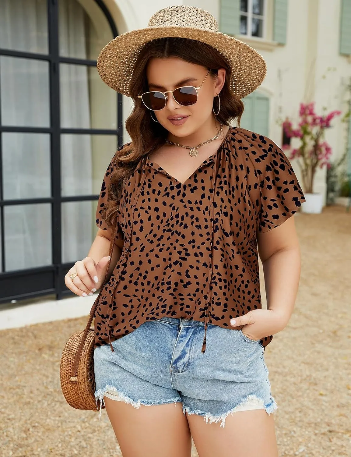 Halife Women's Plus Size Boho Tops Floral Printed V Neck Casual Summer Blouses Shirts