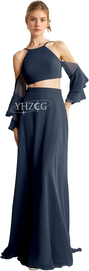 Halter Maxi Chiffon Prom Dresses Strapless 2 Piece Ruffle Long Sleeve Guest Dress Evening Gowns Women's
