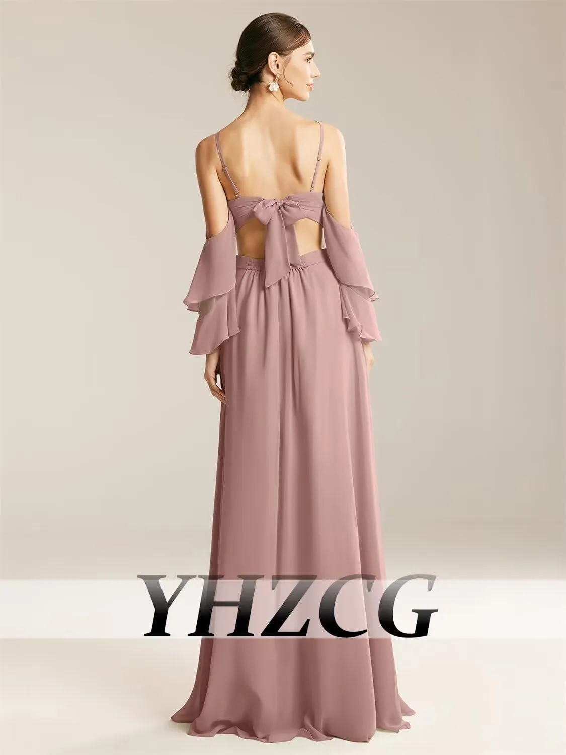 Halter Maxi Chiffon Prom Dresses Strapless 2 Piece Ruffle Long Sleeve Guest Dress Evening Gowns Women's