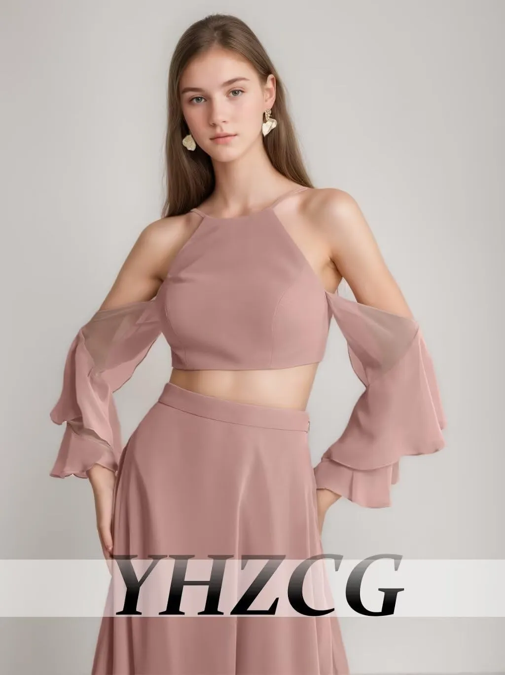 Halter Maxi Chiffon Prom Dresses Strapless 2 Piece Ruffle Long Sleeve Guest Dress Evening Gowns Women's