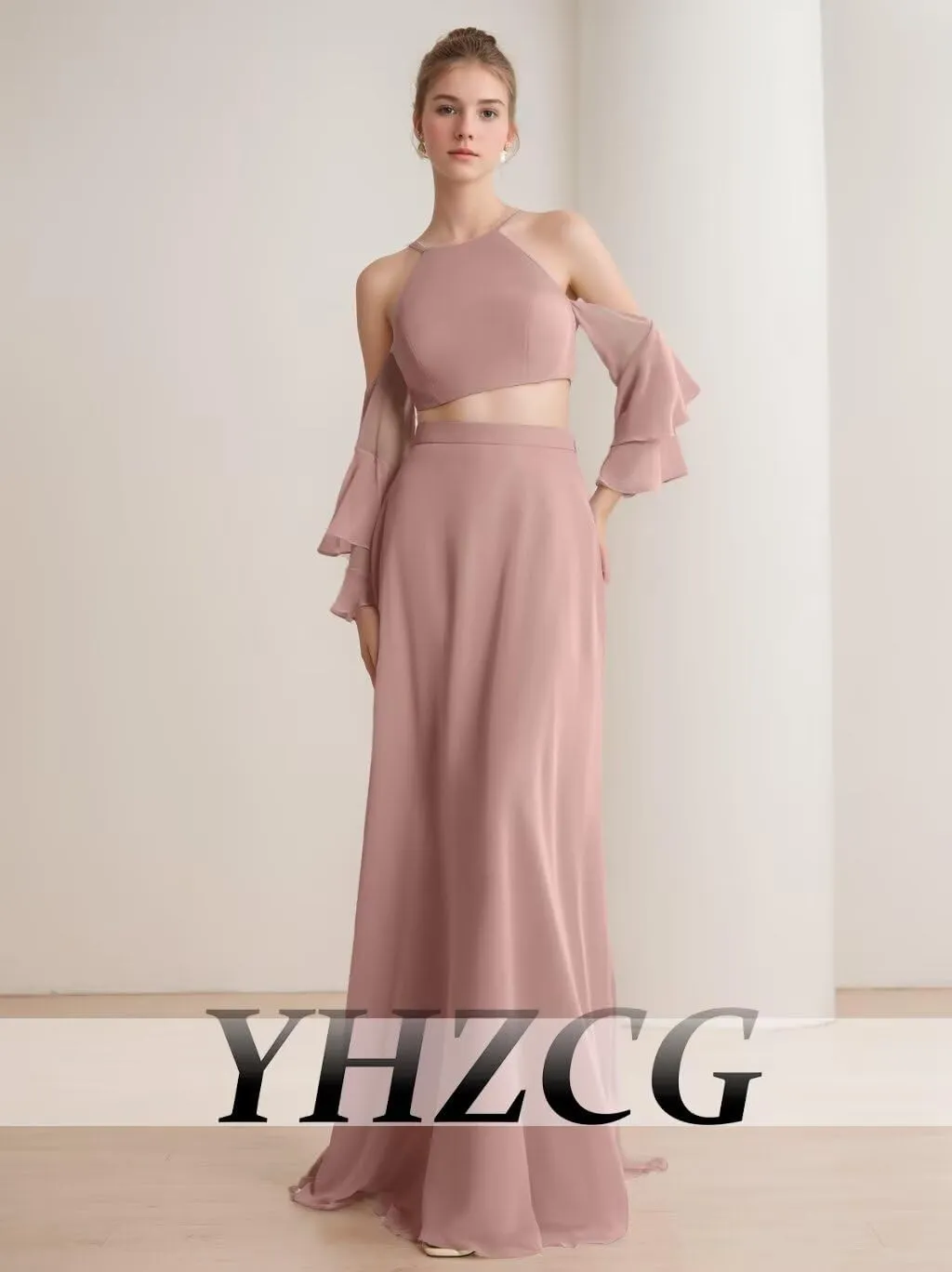 Halter Maxi Chiffon Prom Dresses Strapless 2 Piece Ruffle Long Sleeve Guest Dress Evening Gowns Women's