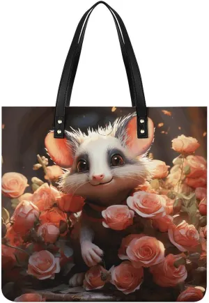 Handbags for WomenCartoon Opossum And RosesTrendy Vegan Leather Hobo Handbags,Women's Soft Bucket Bag For Women - Ladies Handbags For Work, Travel, Casual Use,Birthday Gifts
