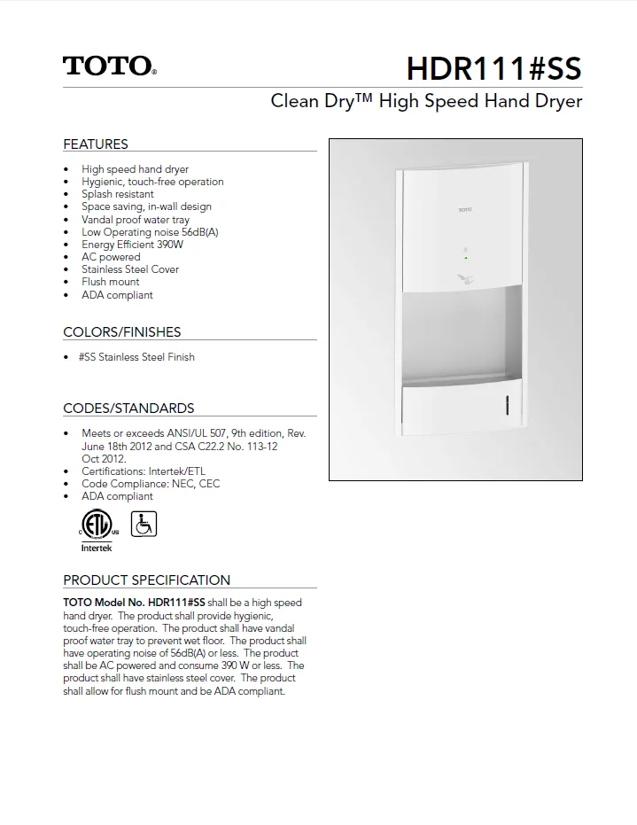 HDR111#SS, TOTO Hand Dryers Clean Dry Concealed (Recessed) Stainless Steel Automatic High Speed (Replaces the Discontinued TOTO HDR110#SS)