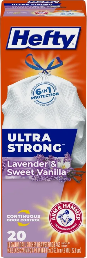 Hefty Ultra Strong Tall Kitchen Trash Bags, Lavender & Sweet Vanilla Scent, 13 Gallon, 20 Count