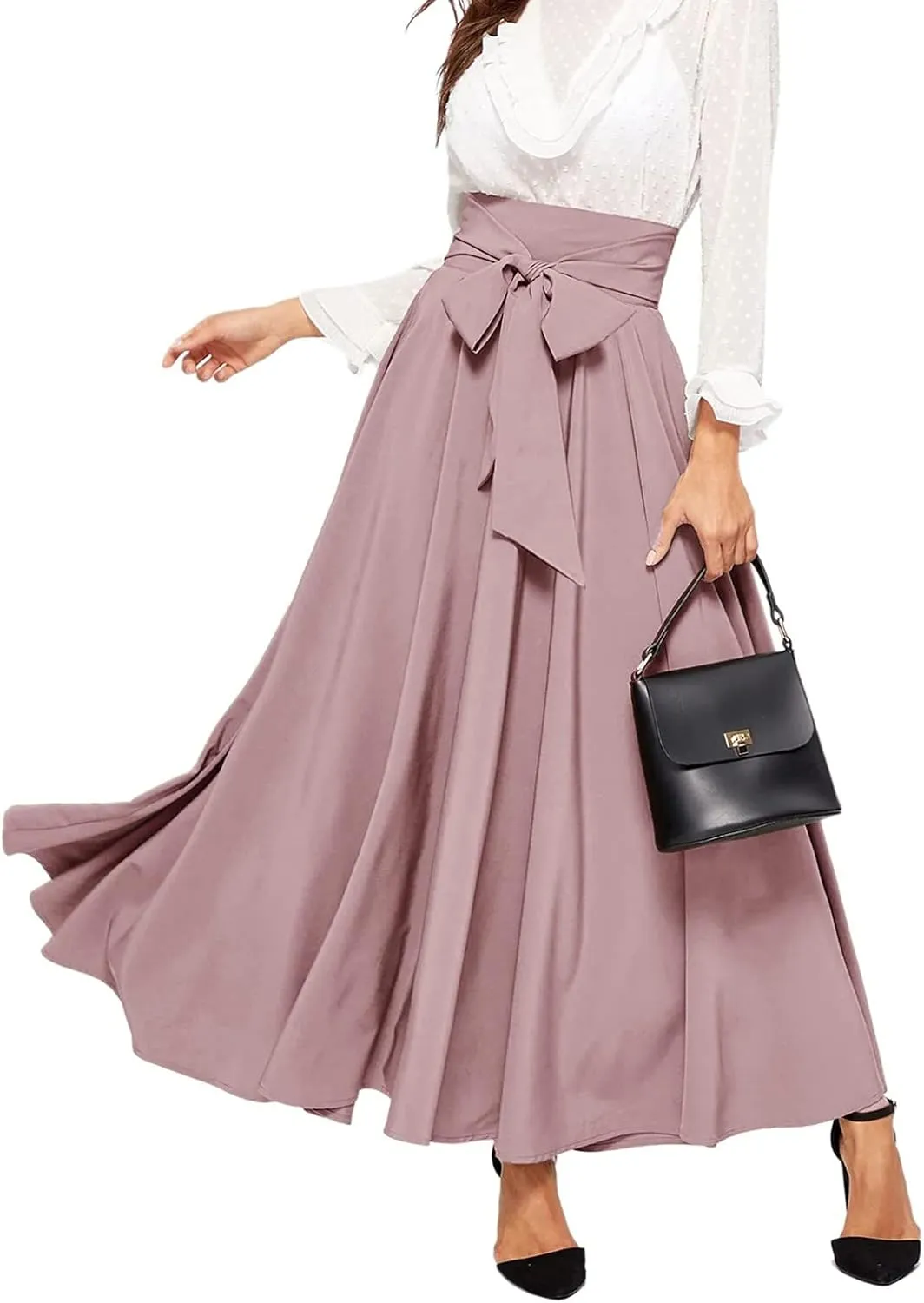 High Waisted Skirts for Women Asymmetrical Draped Hem Flowy Midi Length Bohemian Skirt with Adjustable Waist Tie