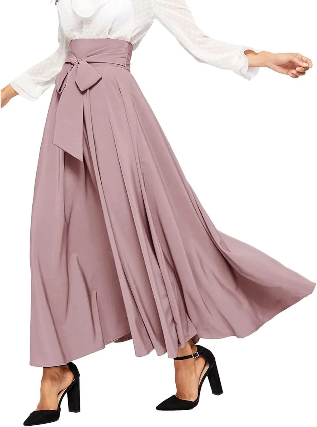 High Waisted Skirts for Women Asymmetrical Draped Hem Flowy Midi Length Bohemian Skirt with Adjustable Waist Tie