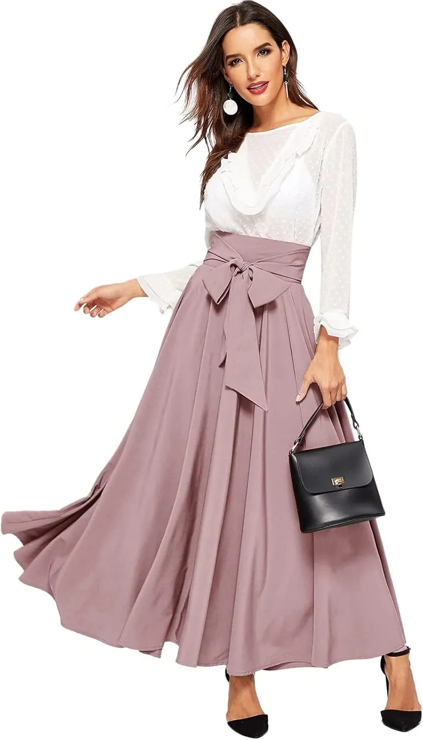 High Waisted Skirts for Women Asymmetrical Draped Hem Flowy Midi Length Bohemian Skirt with Adjustable Waist Tie