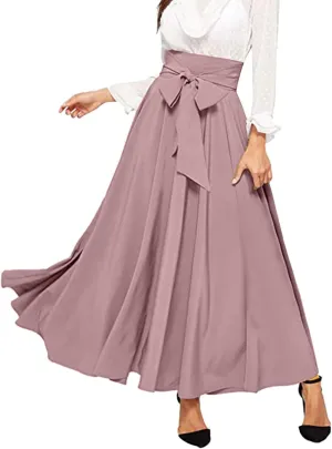 High Waisted Skirts for Women Asymmetrical Draped Hem Flowy Midi Length Bohemian Skirt with Adjustable Waist Tie